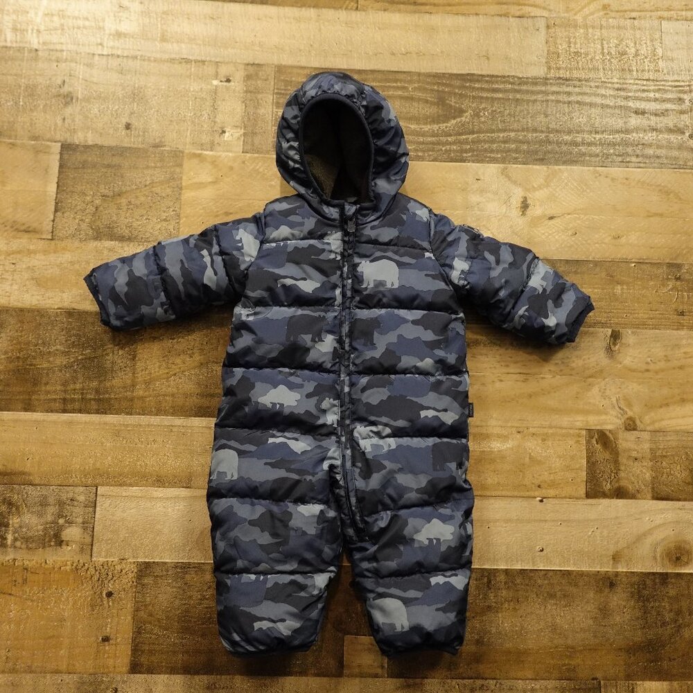Baby Gap‎ Snow Puffer Suit 0–6 Months Blue Camo Bear Print Warm Winter One-Piece
